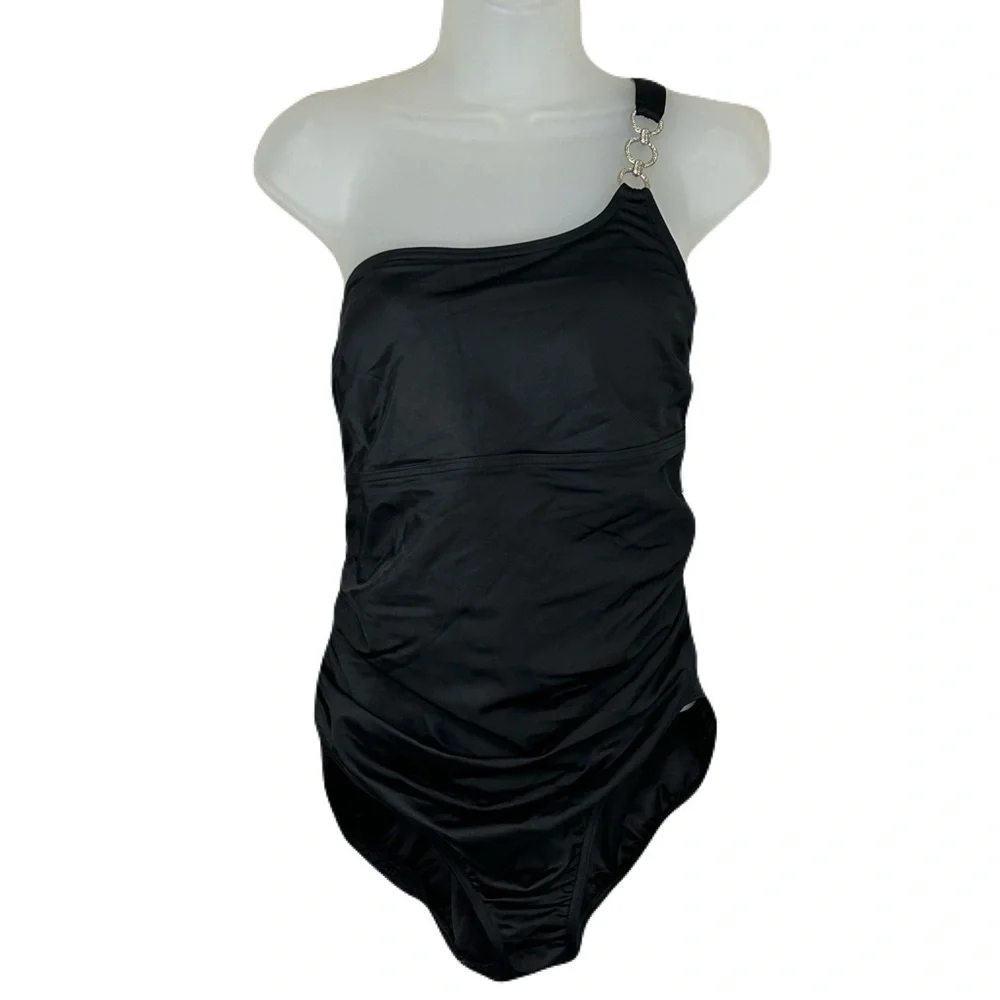 Lands End One‎ Piece Swimsuit Size 16P Asymmetric Soft Cups Shirred Black Beachy